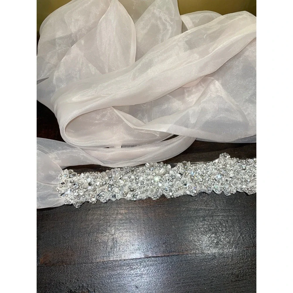 Allure Bridals Rhinestone Pearls Embellished Wedding Dress Sash Belt Champagne L